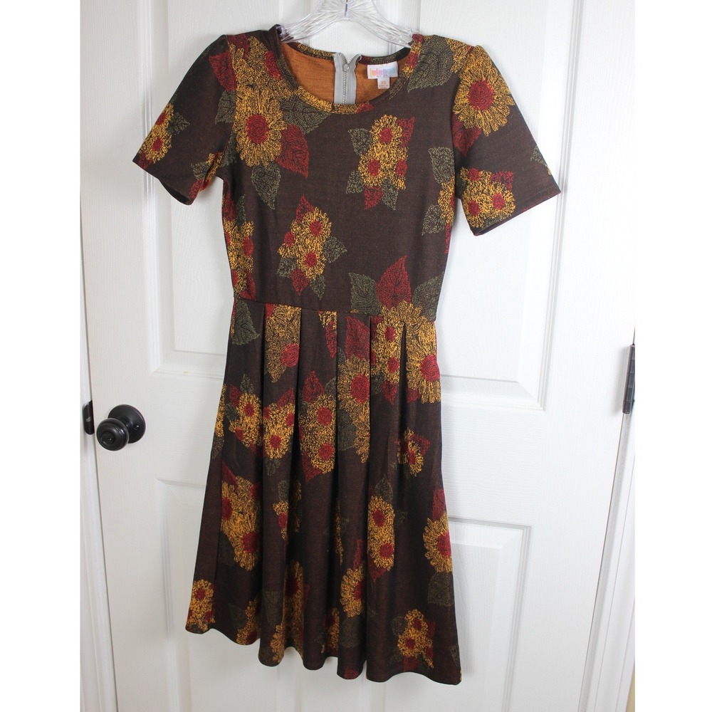 LuLaRoe XS Brown Sunflower Floral Print Pleated Fit and Flare‎ Dress